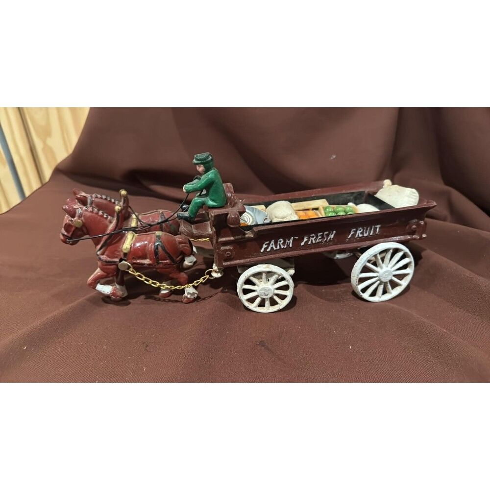 Vintage Cast Iron Fruit & Vegetable Wagon 2 Horses & Driver